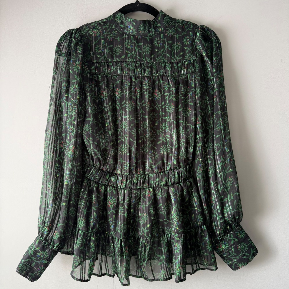 Walter Baker Floral Metallic Blouse Womens XS Black Green Excellent Peplum‎ Tie